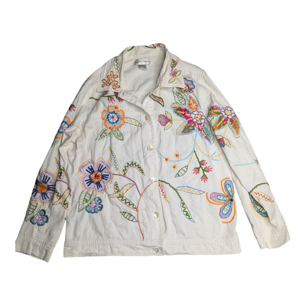 Vtg Y2K Draper's & Damon's White Colorful Floral Embroidered Light Jean Jacket M